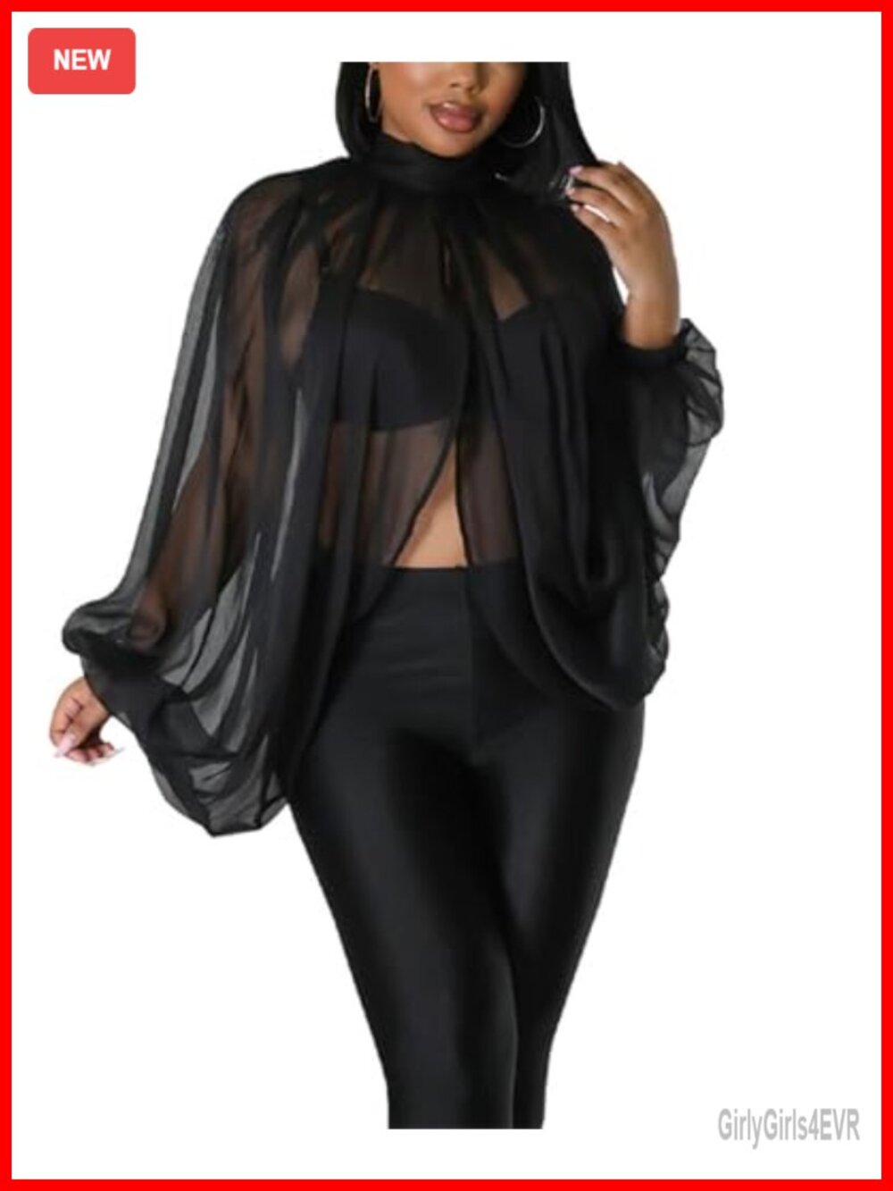 Sheer Chiffon Blouse Batwing Sleeve Open Back Mock Neck Tunic Top